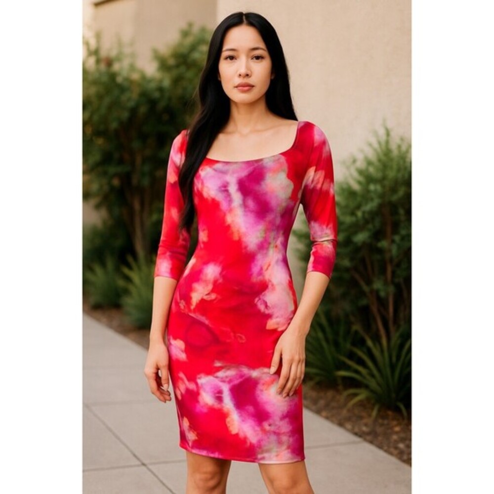 $345 Black‎ Halo Livley Watercolor 3/4 Sleeve Sheath Bodycon Dress Size XL